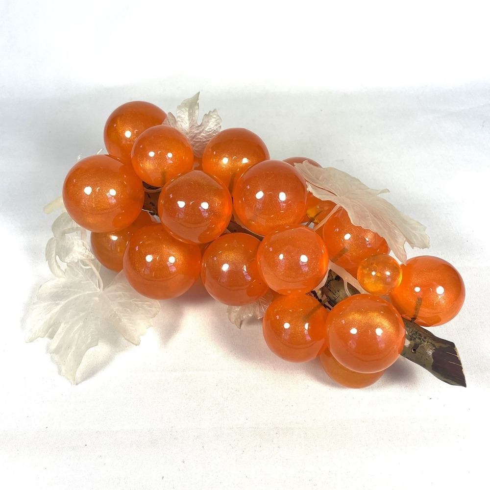 Vintage Lucite Orange Grape Cluster 13" Large Acrylic MCM Retro Decor Wood Stem